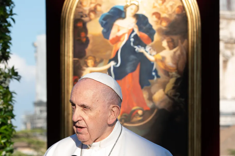 Pope Francis speaks at the at the Grotto of Lourdes in the Vatican Gardens on May 31, 2021, against the backdrop of an image of Our Lady, Undoer (or Untier) of Knots.?w=200&h=150